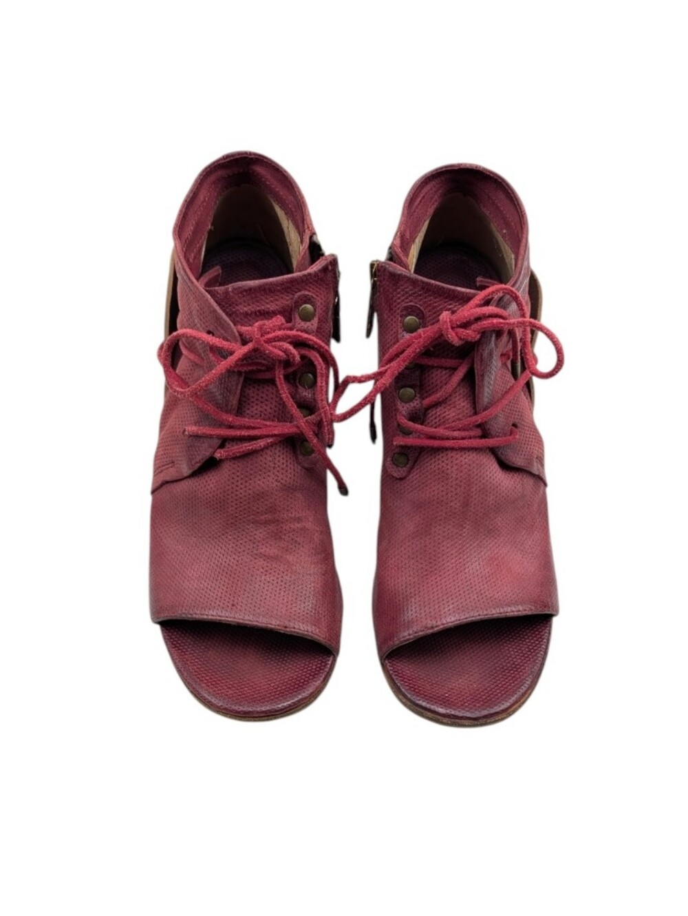 A.S.98 Burgundy Leather Peep Toe Lace-Up Wedge Booties EU 38 US 7.5/8   S4249 - Picture 7 of 12